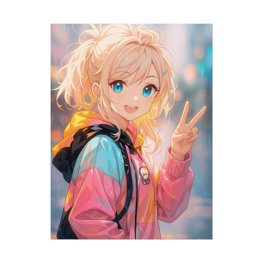 Vibrant Anime Poster Cute Blonde Girl in Colorful Hoodie with Peace Sign Wall Art