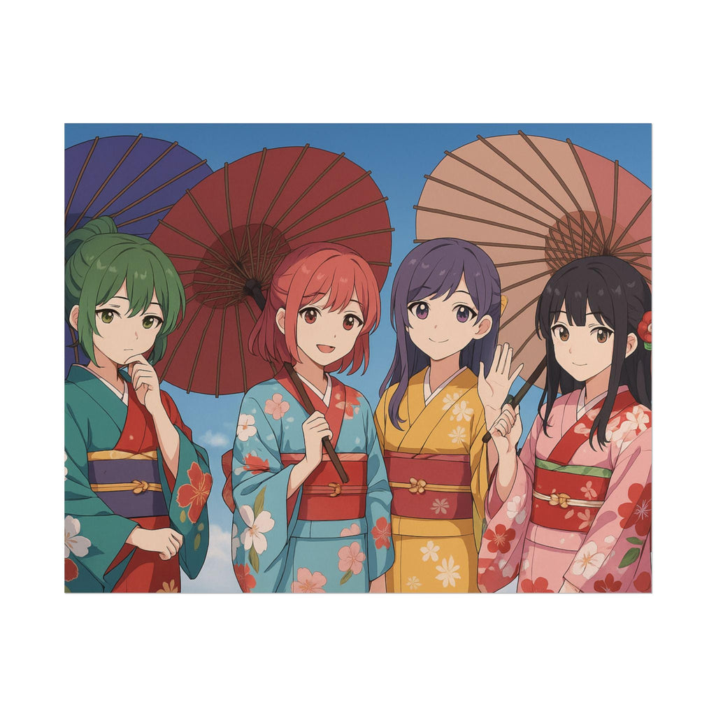Vibrant Anime Wall Art Girls in Kimono with Parasols Japanese Festival Art Print