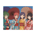 Vibrant Anime Wall Art Girls in Kimono with Parasols Japanese Festival Art Print