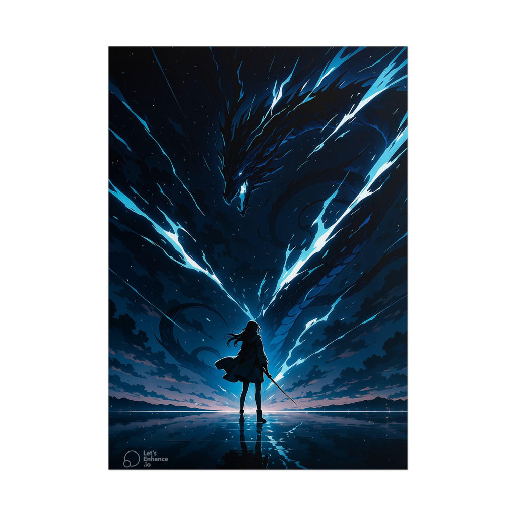 Epic Anime Poster Warrior Summoning Dragon with Lightning in Night Sky