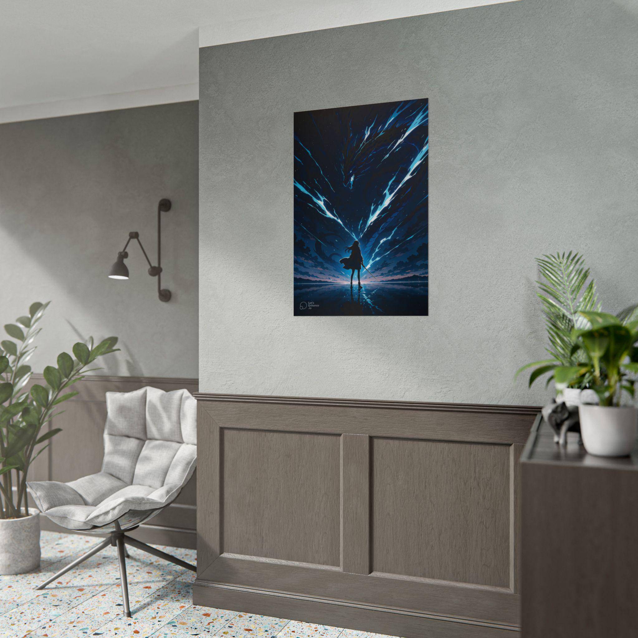 Epic Anime Poster Warrior Summoning Dragon with Lightning in Night Sky