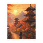 Serene Anime Poster Japanese Temple at Sunset with Autumn Leaves and Mountains