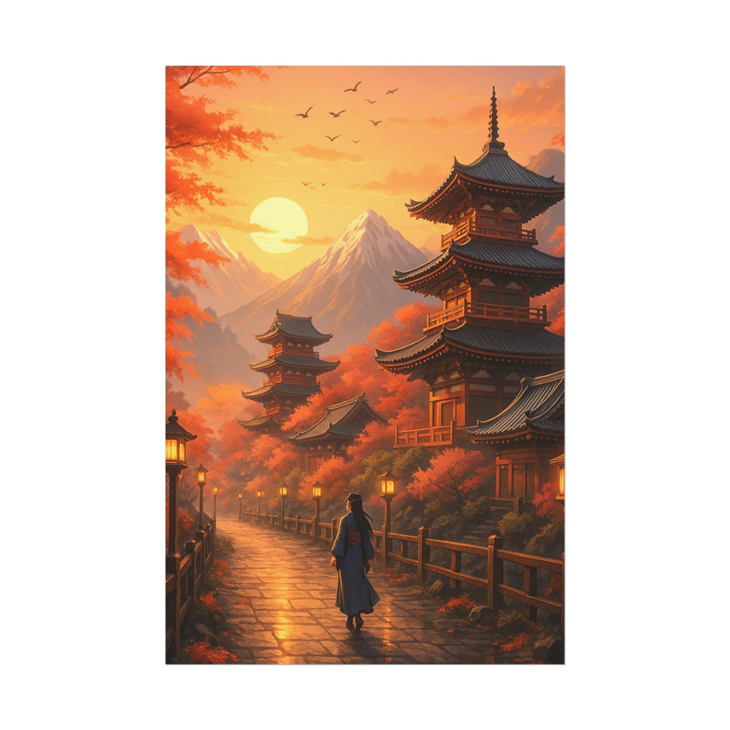 Serene Anime Poster Japanese Temple at Sunset with Autumn Leaves and Mountains