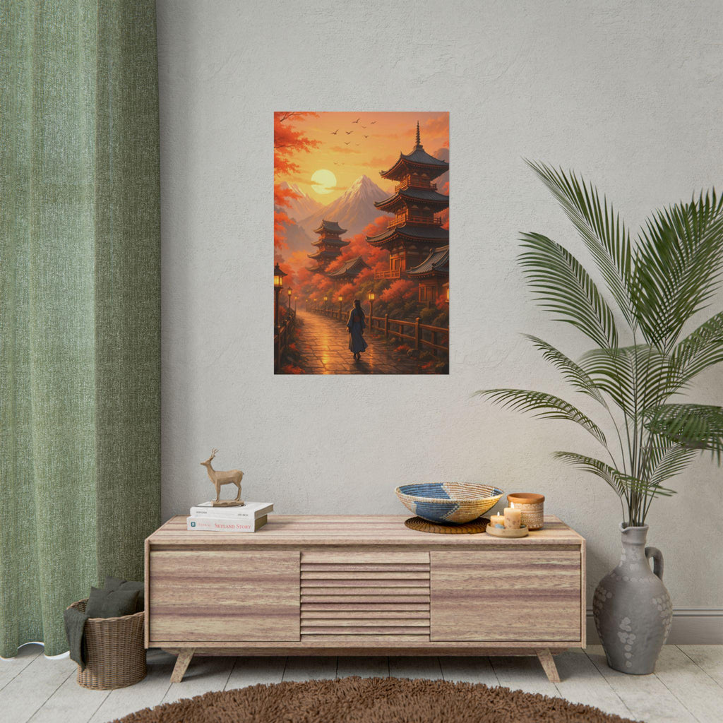 Serene Anime Poster Japanese Temple at Sunset with Autumn Leaves and Mountains
