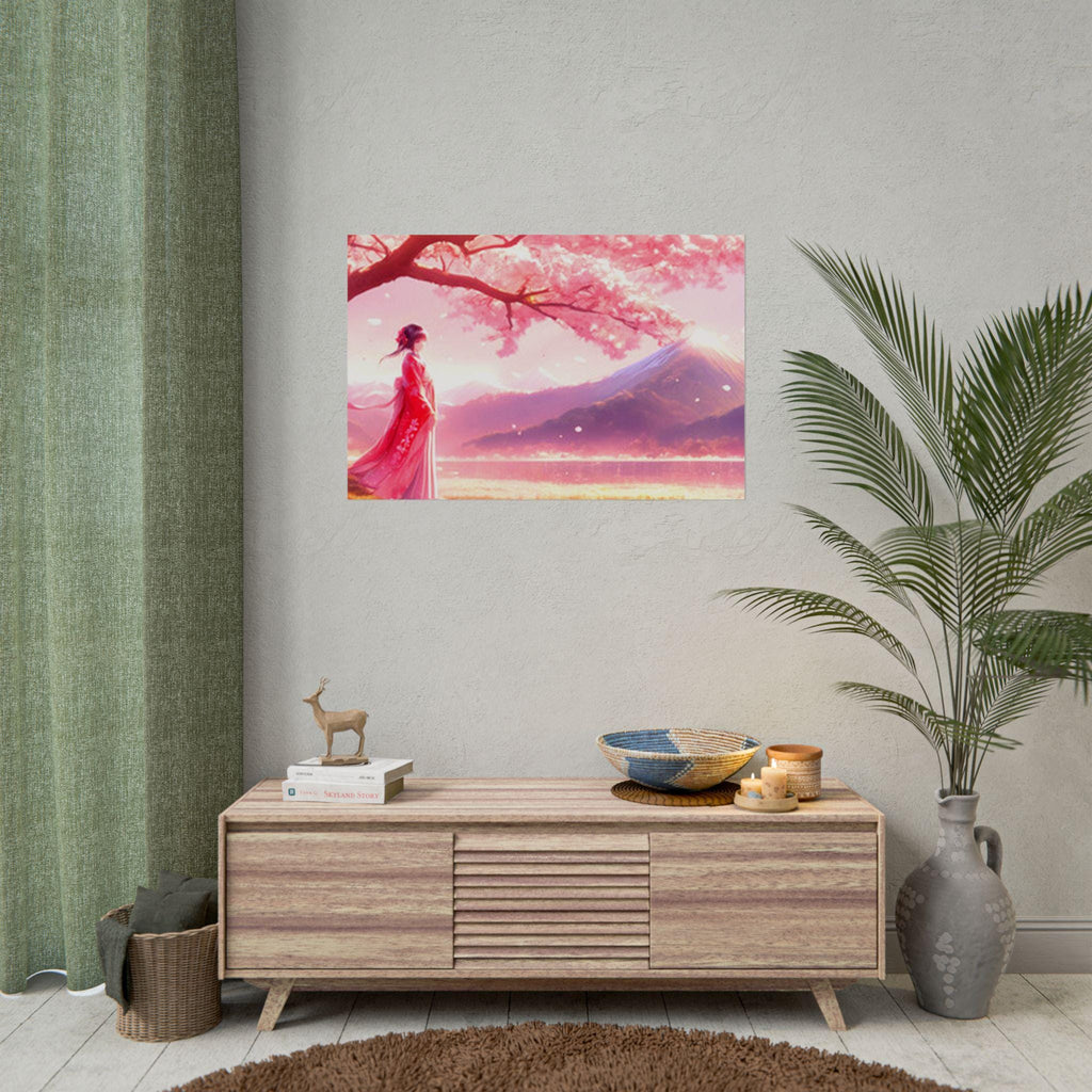 Anime Wall Art Woman in Kimono Under Cherry Blossoms with Mountain View