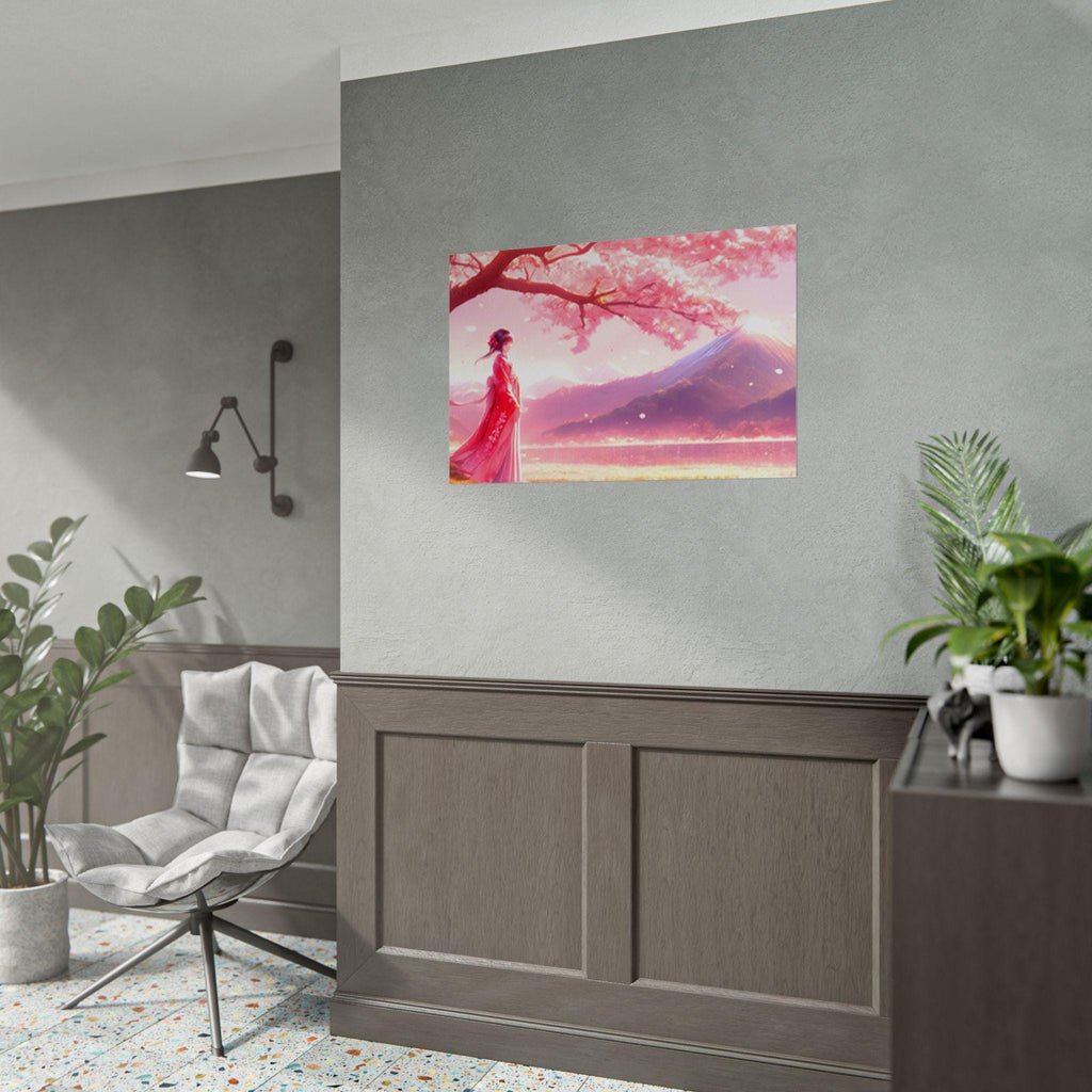 Anime Wall Art Woman in Kimono Under Cherry Blossoms with Mountain View
