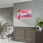 Anime Wall Art Woman in Kimono Under Cherry Blossoms with Mountain View