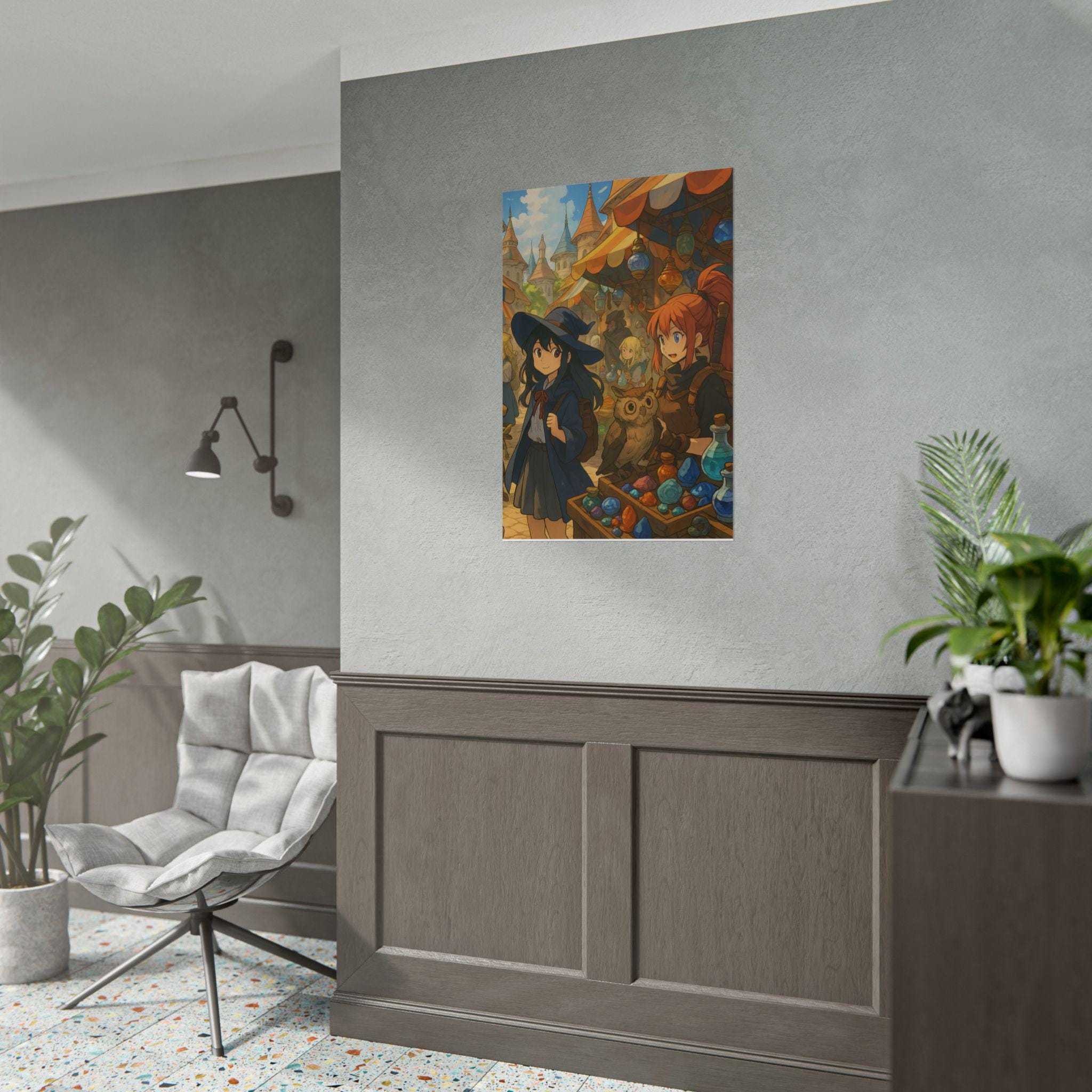 Enchanted Anime Market Poster: Witch & Owl Fantasy Art Print