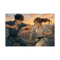 Dynamic Anime Martial Arts Showdown Art Print, Karate Fighters at Sunset Cityscape Wall Art
