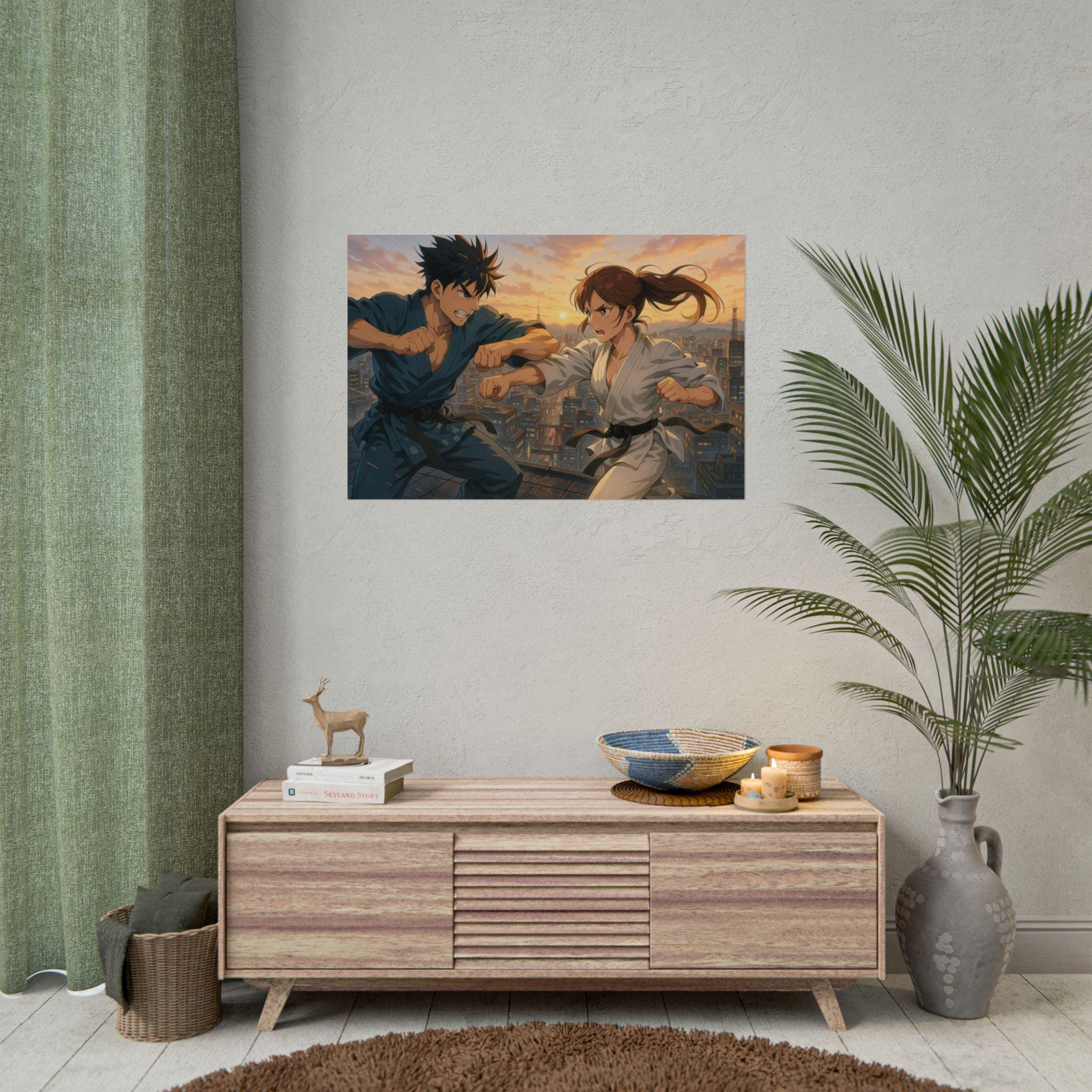 Dynamic Anime Martial Arts Showdown Art Print, Karate Fighters at Sunset Cityscape Wall Art