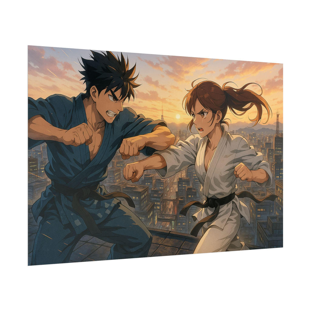 Dynamic Anime Martial Arts Showdown Art Print, Karate Fighters at Sunset Cityscape Wall Art