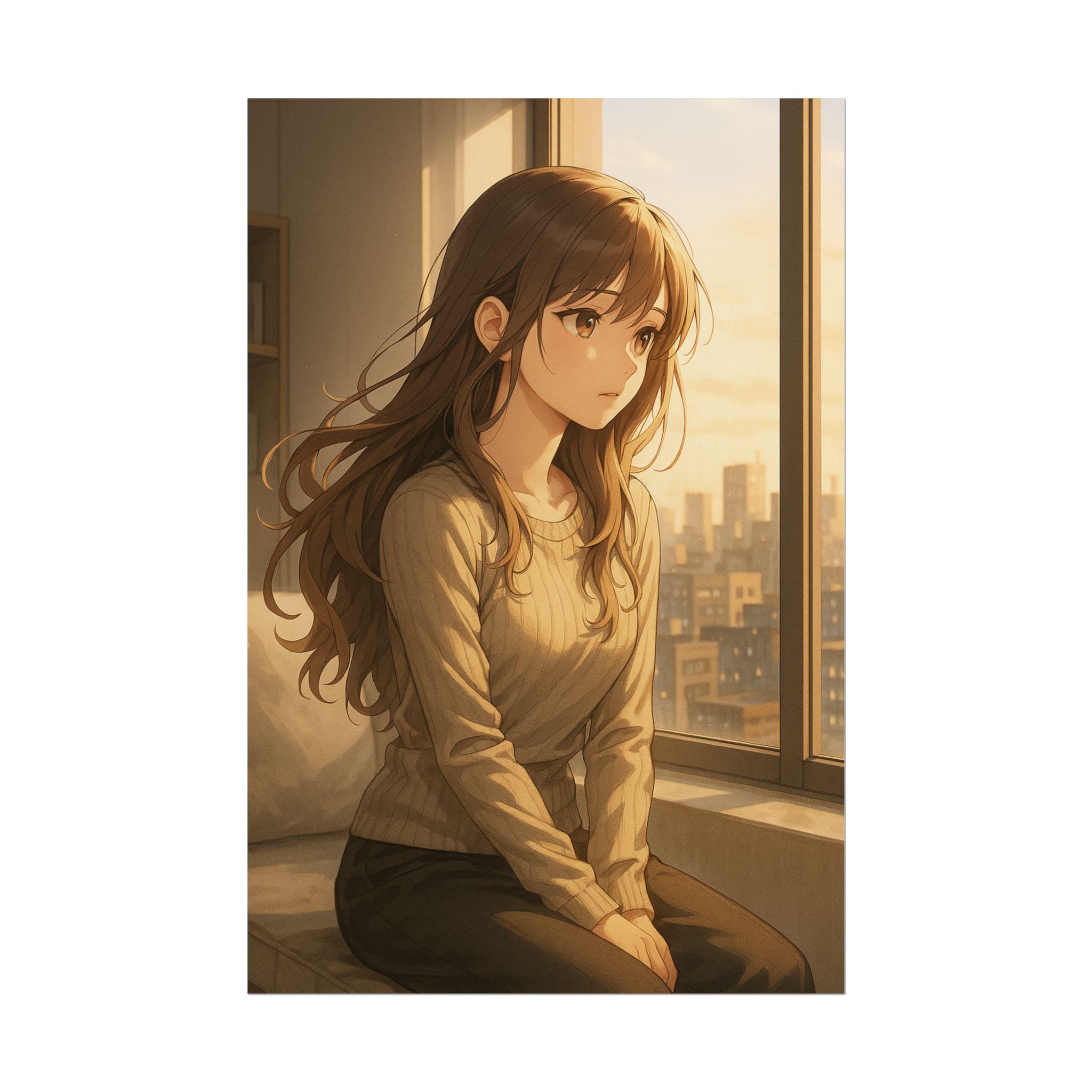 Anime Girl Sunset Wall Art Poster, Japanese Style Aesthetic Home Decor, City View Print, Cozy Room Art Gift Idea, Urban Anime Bedroom Decor