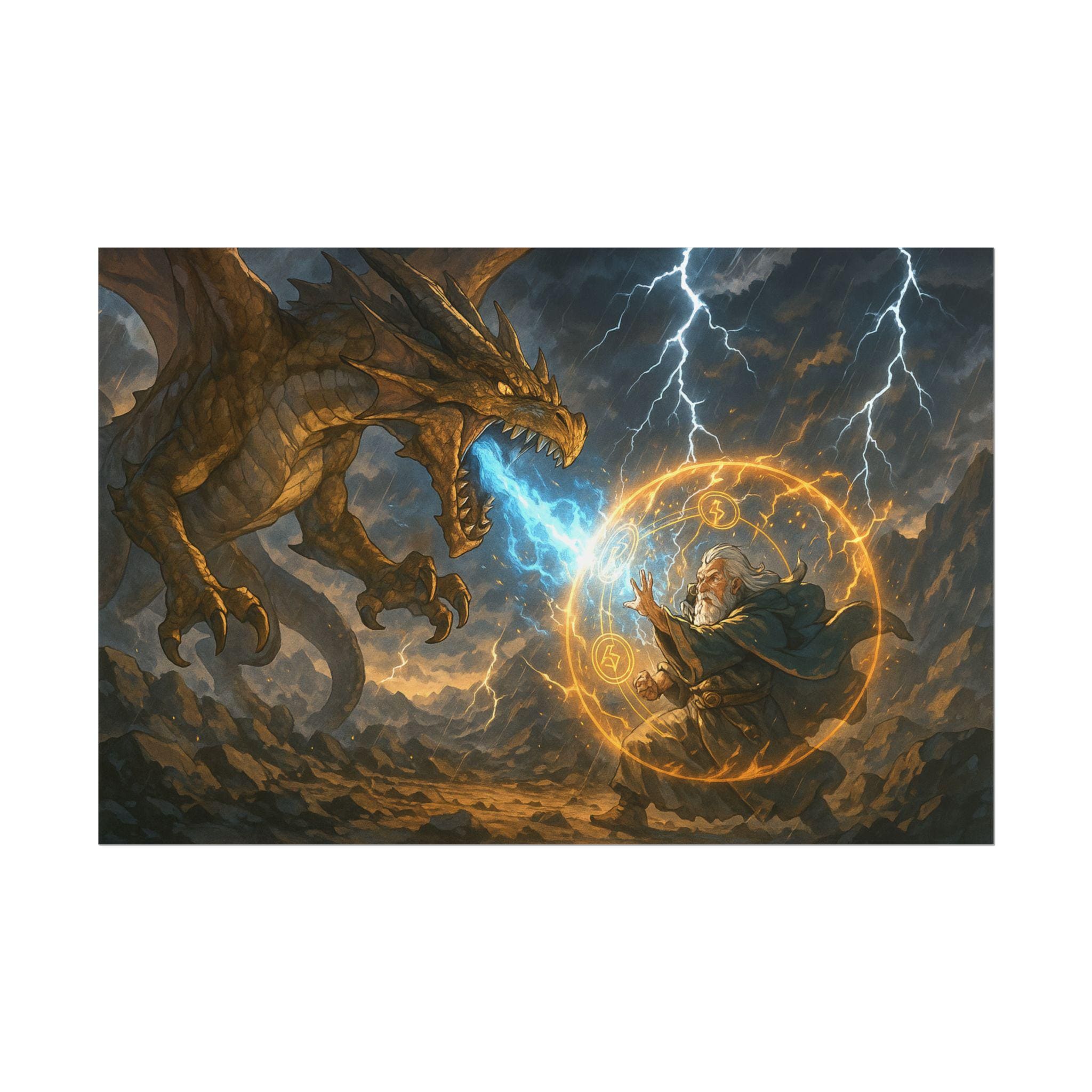 Fantasy Dragon Stormy Sky Artwork Epic Creature Wall Art Mythical Anime Style Print