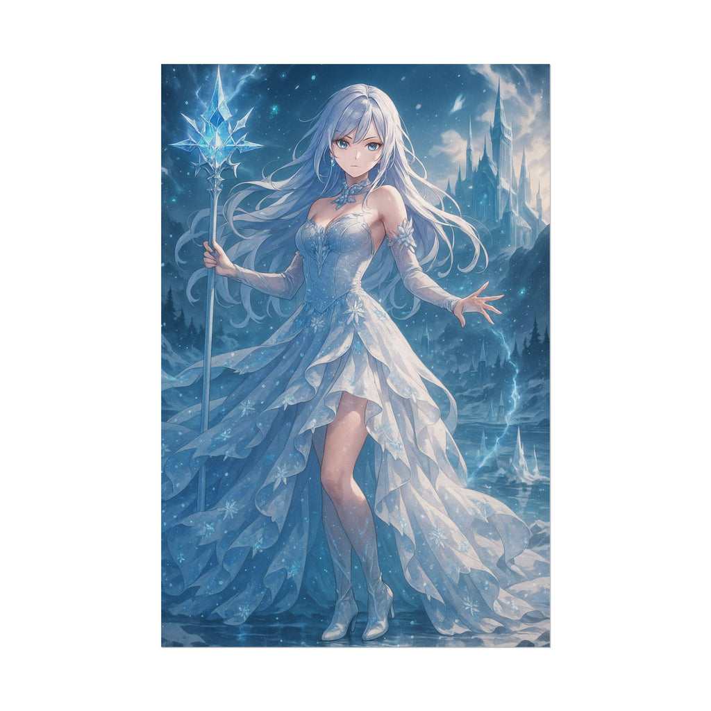 Anime Ice Sorceress Poster Fantasy Snow Queen Wall Art Magical Winter Artwork Enchanted Crystal Staff Print for Otaku and Gamer Decor