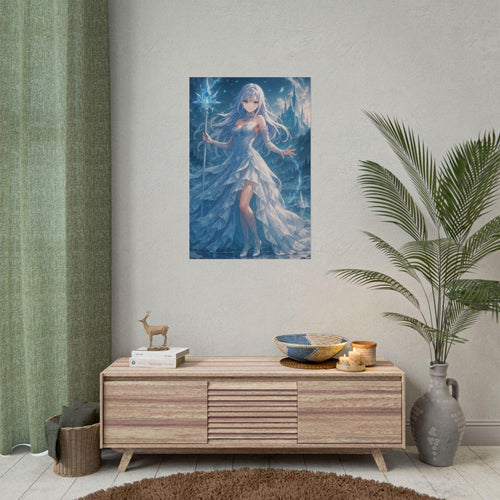 Anime Ice Sorceress Poster Fantasy Snow Queen Wall Art Magical Winter Artwork Enchanted Crystal Staff Print for Otaku and Gamer Decor