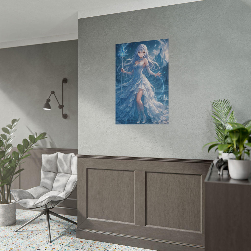 Anime Ice Sorceress Poster Fantasy Snow Queen Wall Art Magical Winter Artwork Enchanted Crystal Staff Print for Otaku and Gamer Decor