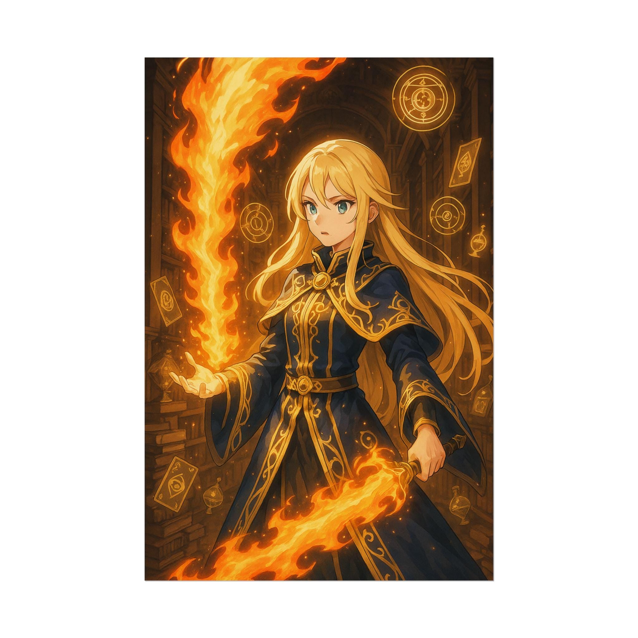 Anime Fire Sorceress Art Print: Magical Fantasy Poster