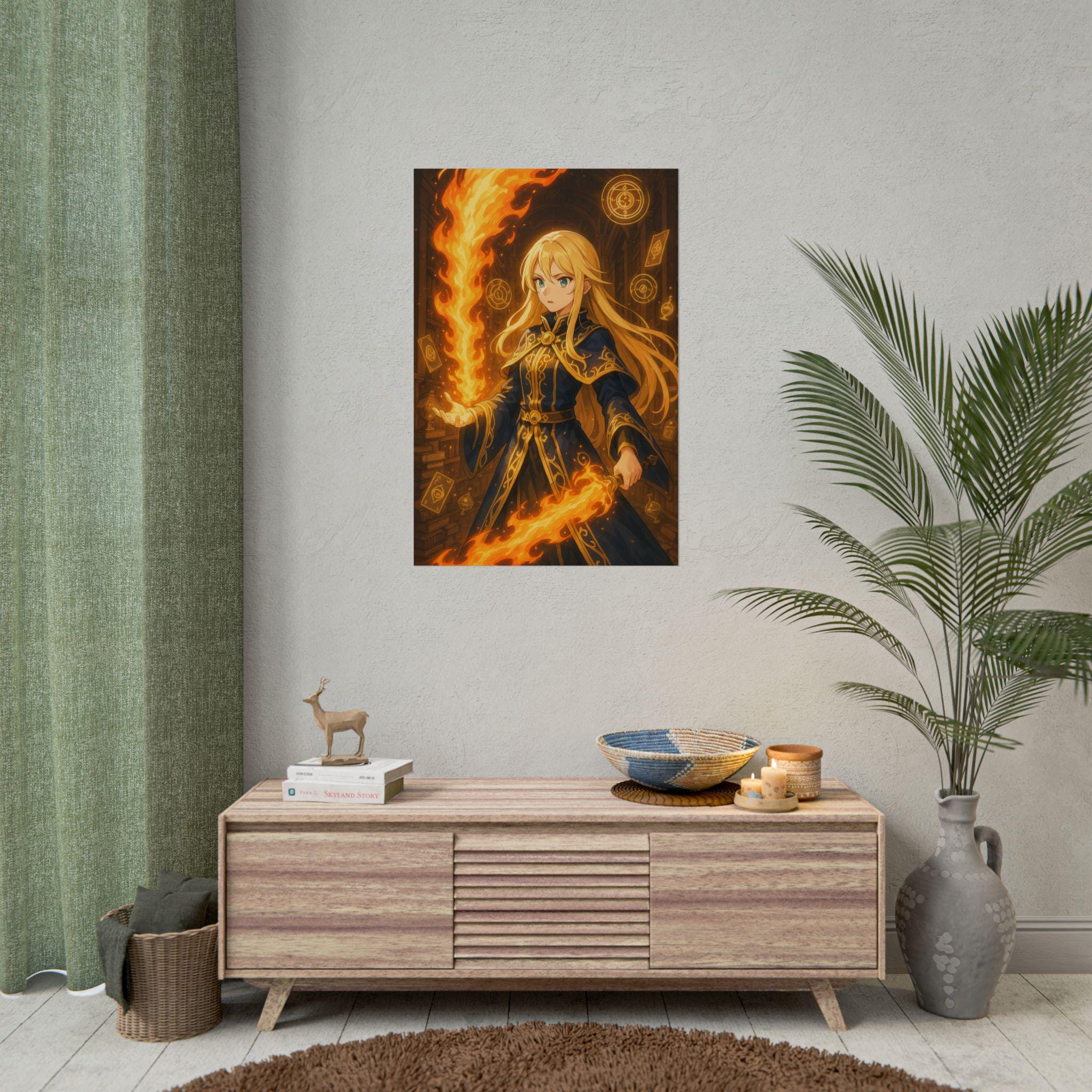 Anime Fire Sorceress Art Print: Magical Fantasy Poster