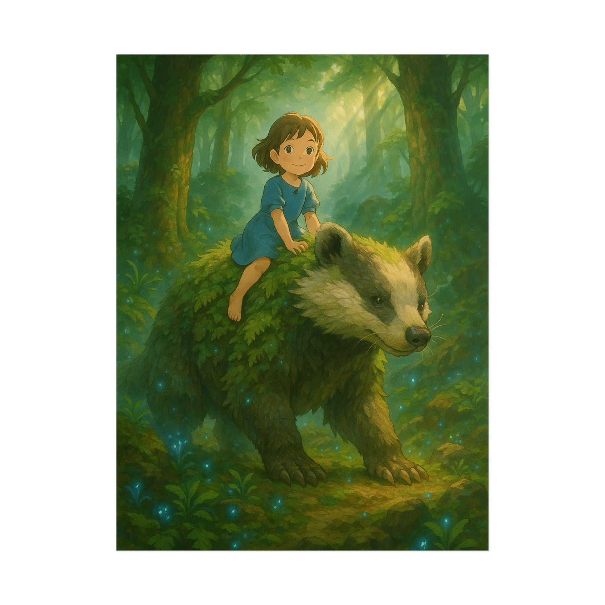 Whimsical Anime Forest Poster: Girl and Badger Art Print