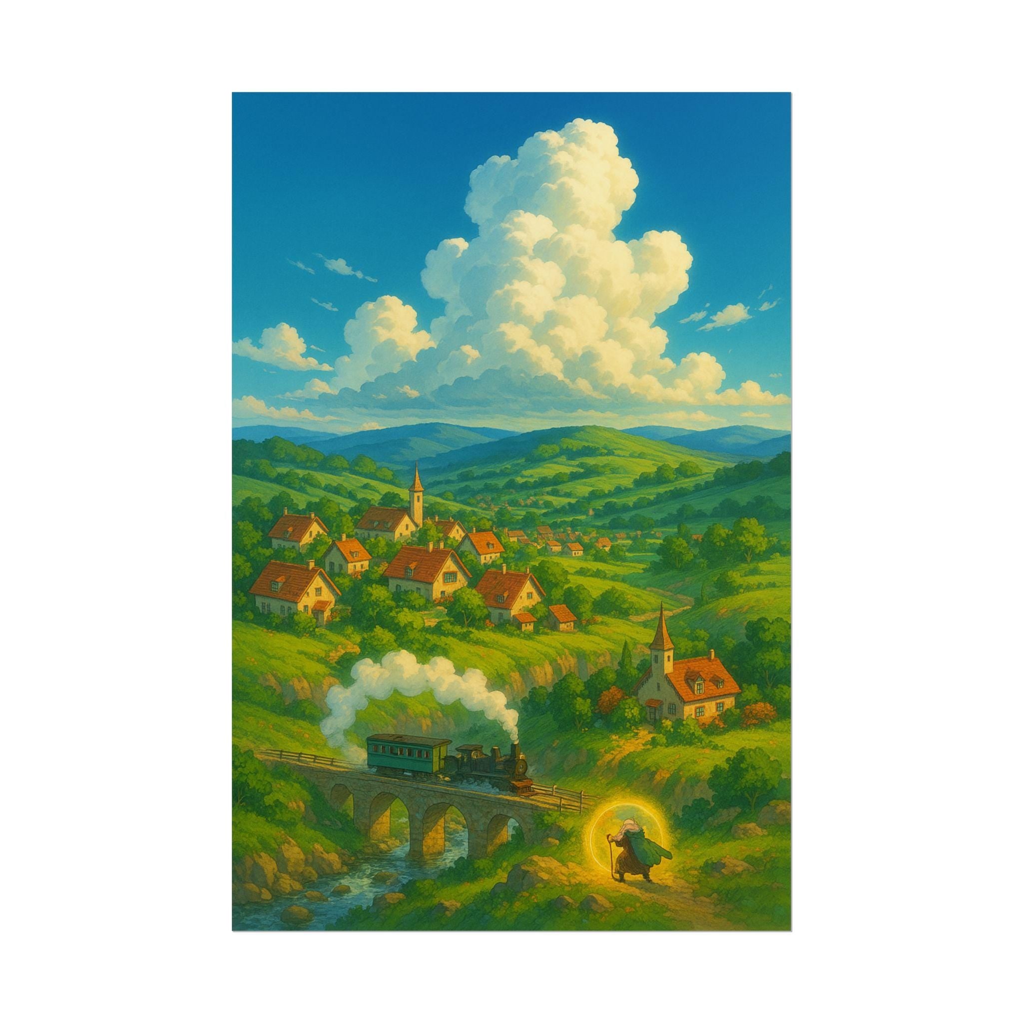 Anime Nature Art Print: Whimsical Village Landscape Poster