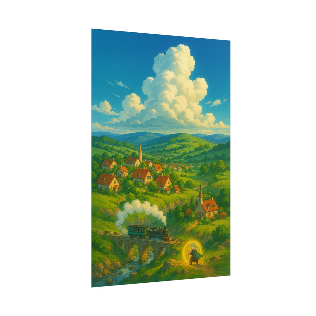 Anime Nature Art Print: Whimsical Village Landscape Poster