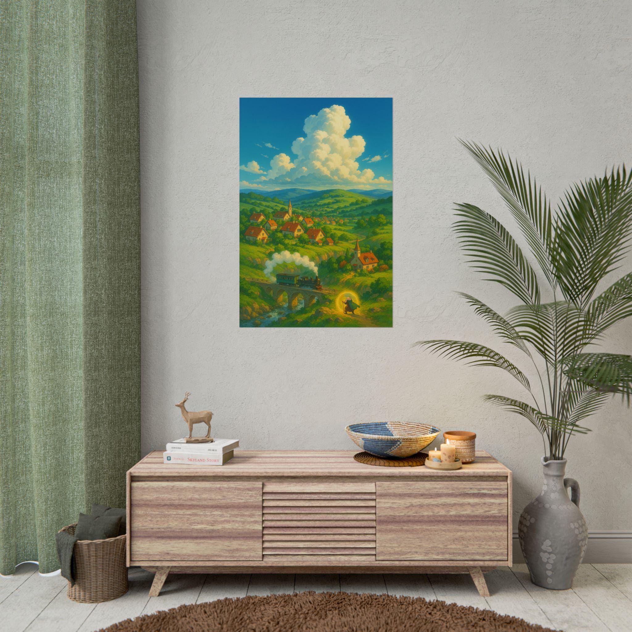 Anime Nature Art Print: Whimsical Village Landscape Poster