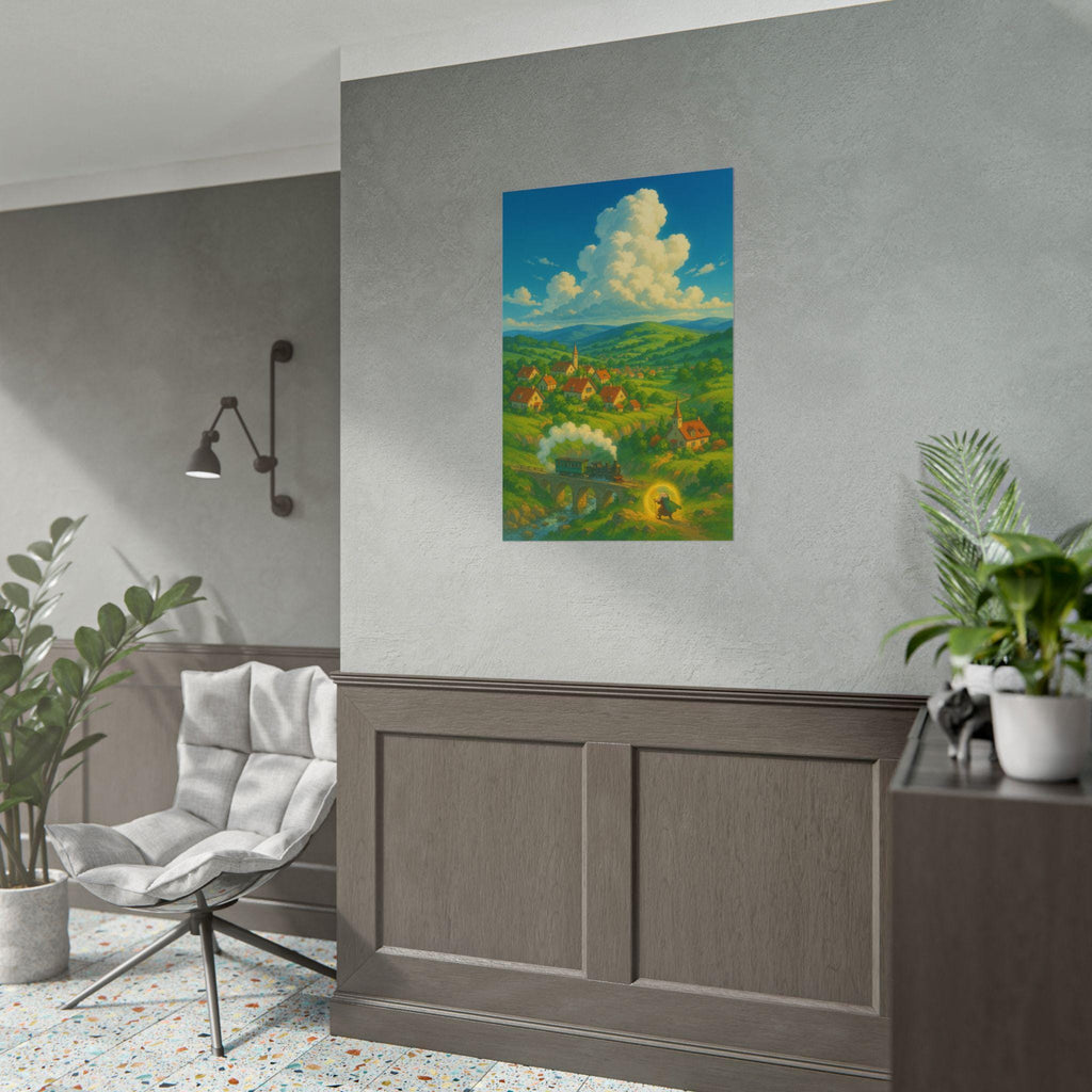 Anime Nature Art Print: Whimsical Village Landscape Poster