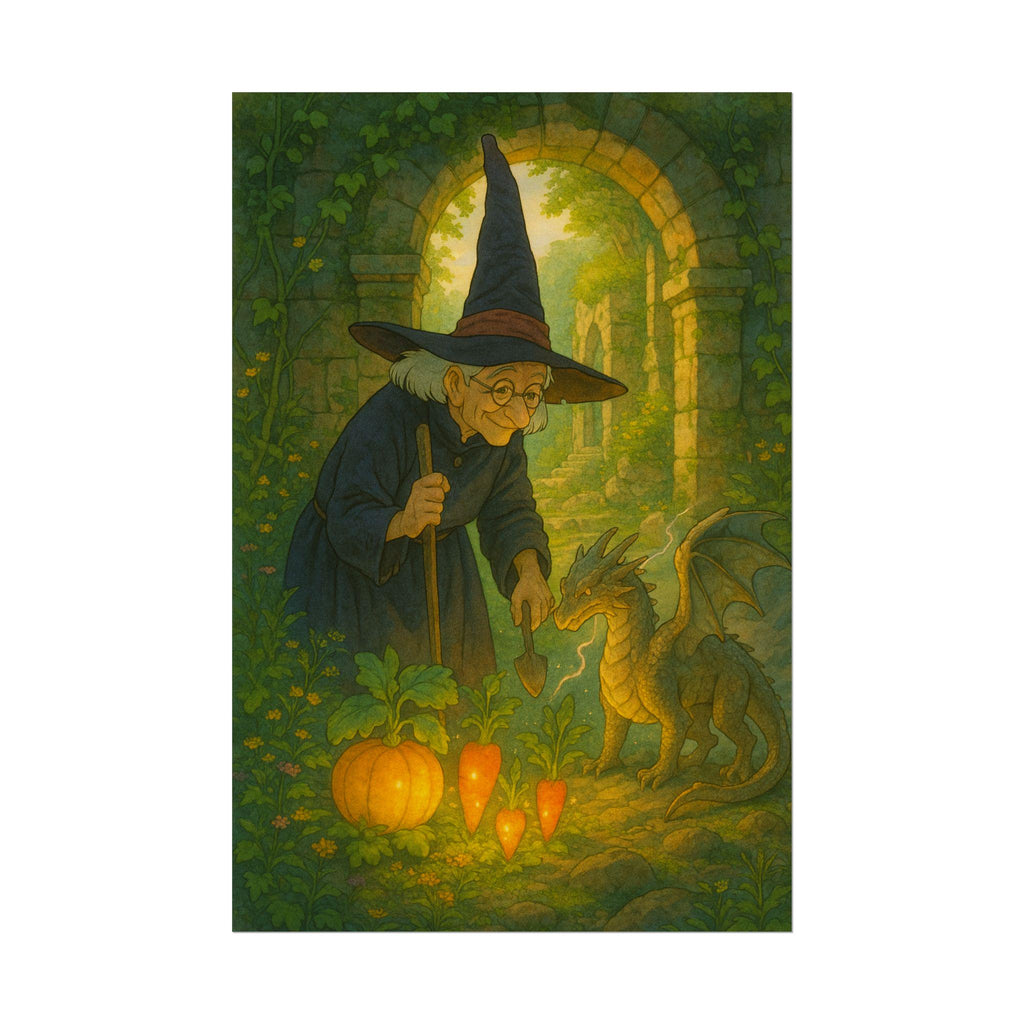 Whimsical Witch and Dragon Art Poster: Fairy Tale Decor