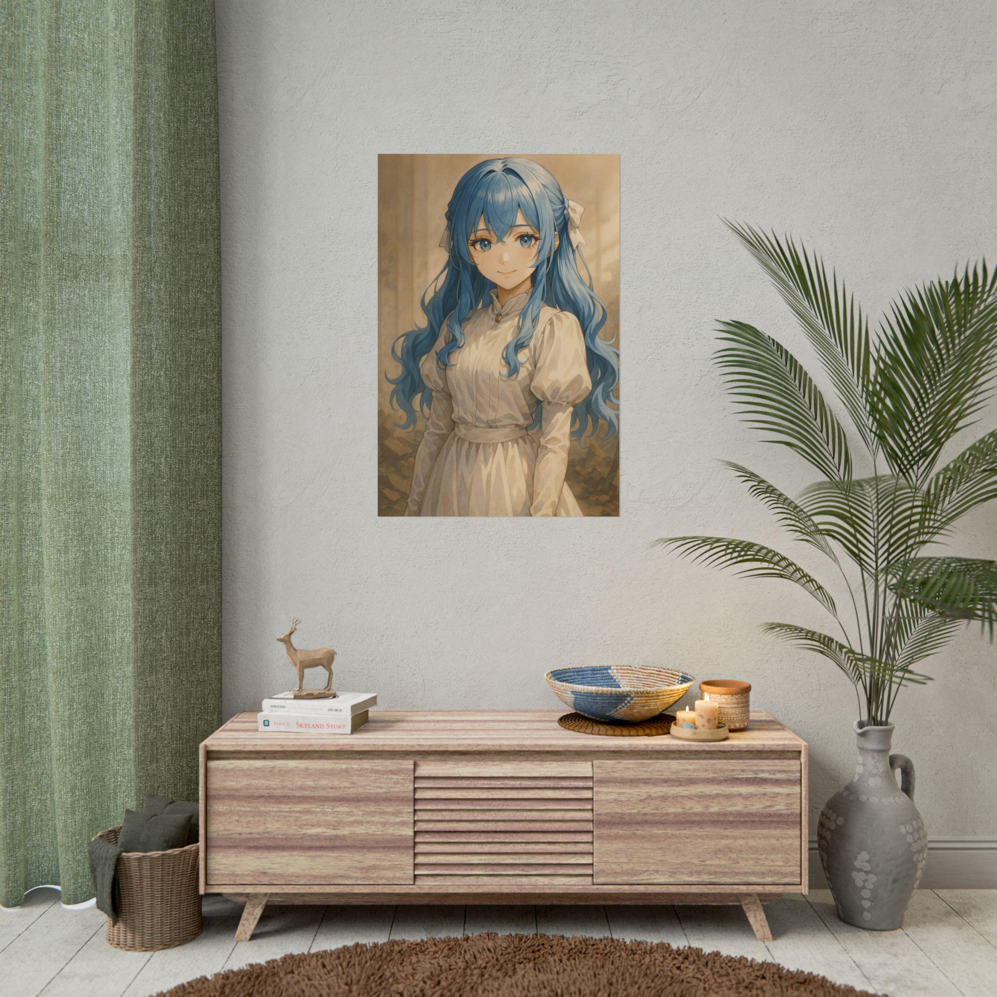 Charming Blue-Haired Anime Girl Art Poster