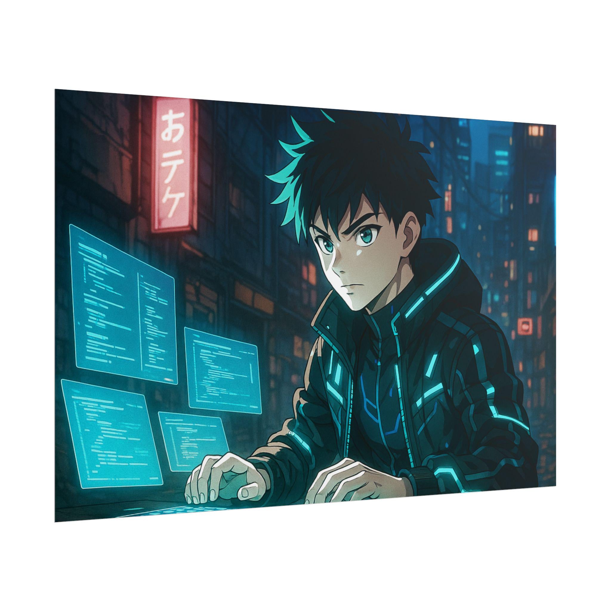 Cyberpunk Anime Hacker Wall Art: Neon City Sci-Fi Wall Art