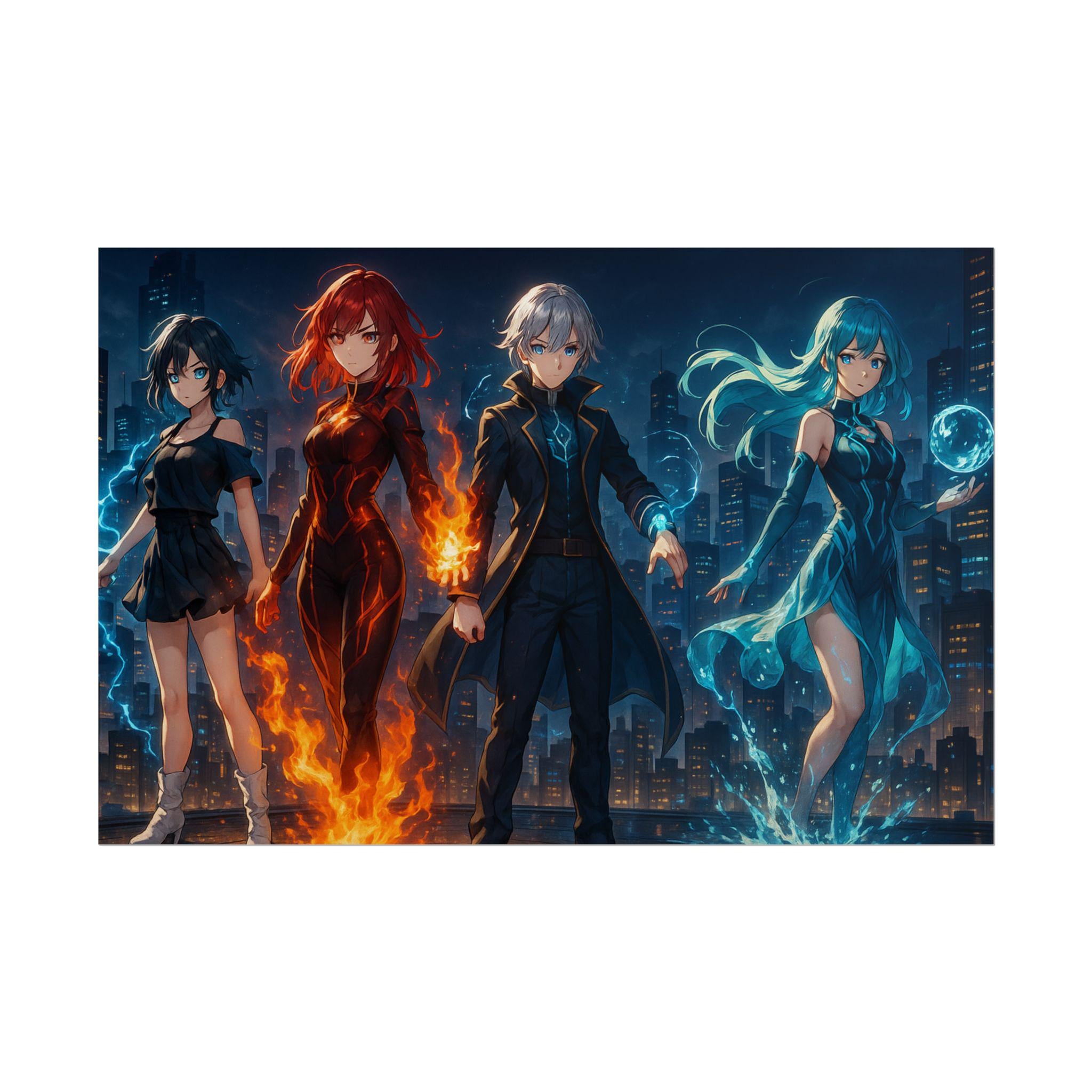 Anime Elemental Powers Art Print Magic Heroes Team Wall Art