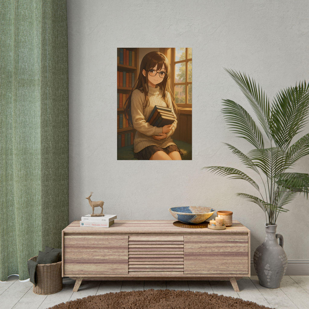 Anime Girl Poster, Bookworm Wall Art Print, Cozy Library Aesthetic, Japanese Anime Decor, Gift for Manga Lovers and Otaku Fans