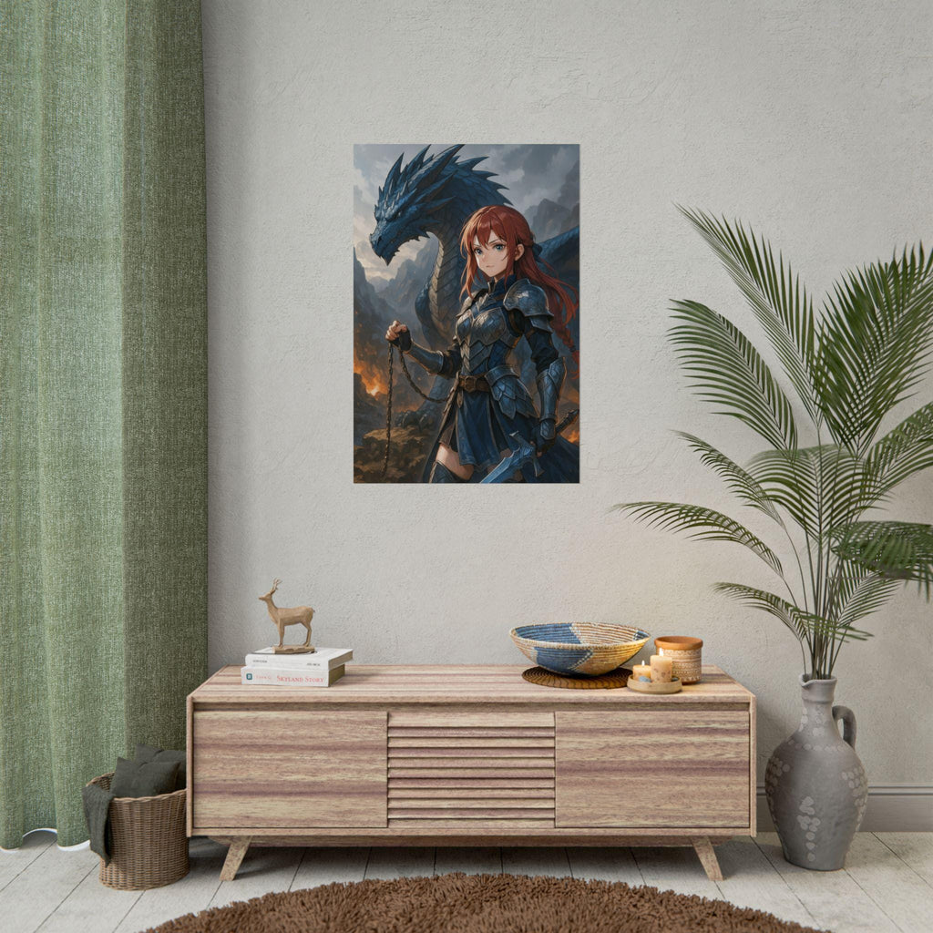 Anime Dragon Poster: Warrior Girl Fantasy Art Print