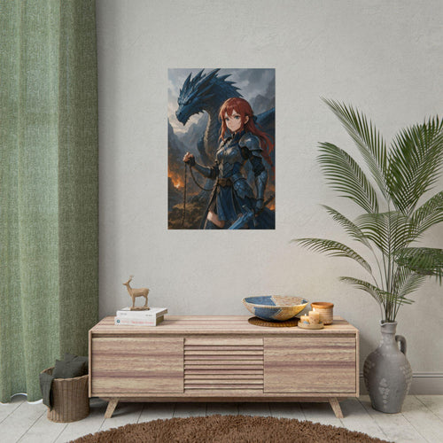 Anime Dragon Poster: Warrior Girl Fantasy Art Print