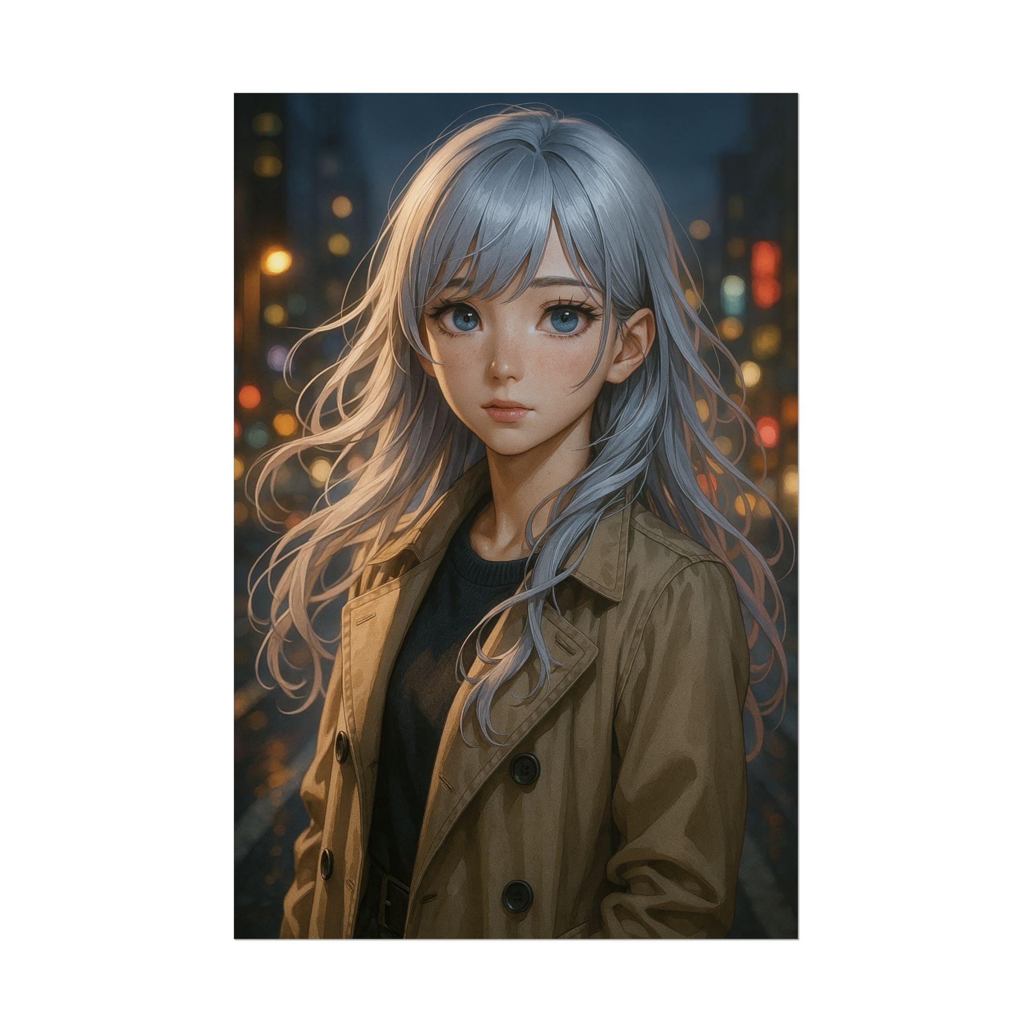 Anime Girl Wall Art, Silver Haired Girl in Trench Coat, City Night Street Scene Poster, Modern Realistic Anime Aesthetic Print
