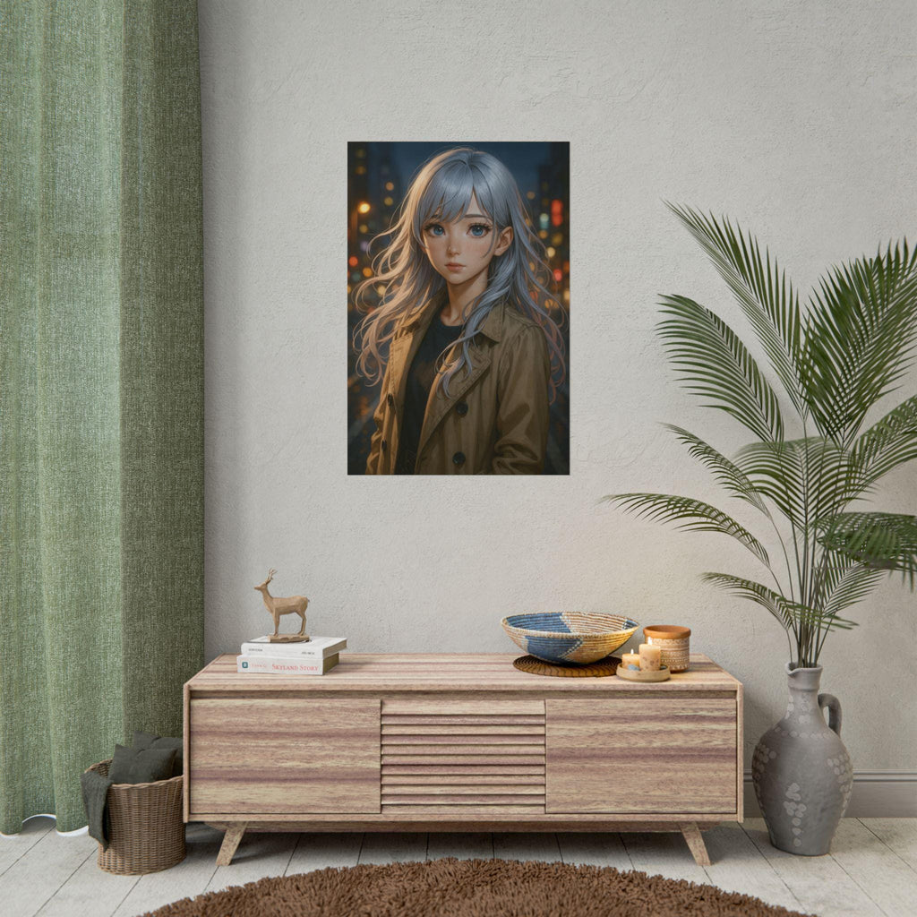 Anime Girl Wall Art, Silver Haired Girl in Trench Coat, City Night Street Scene Poster, Modern Realistic Anime Aesthetic Print