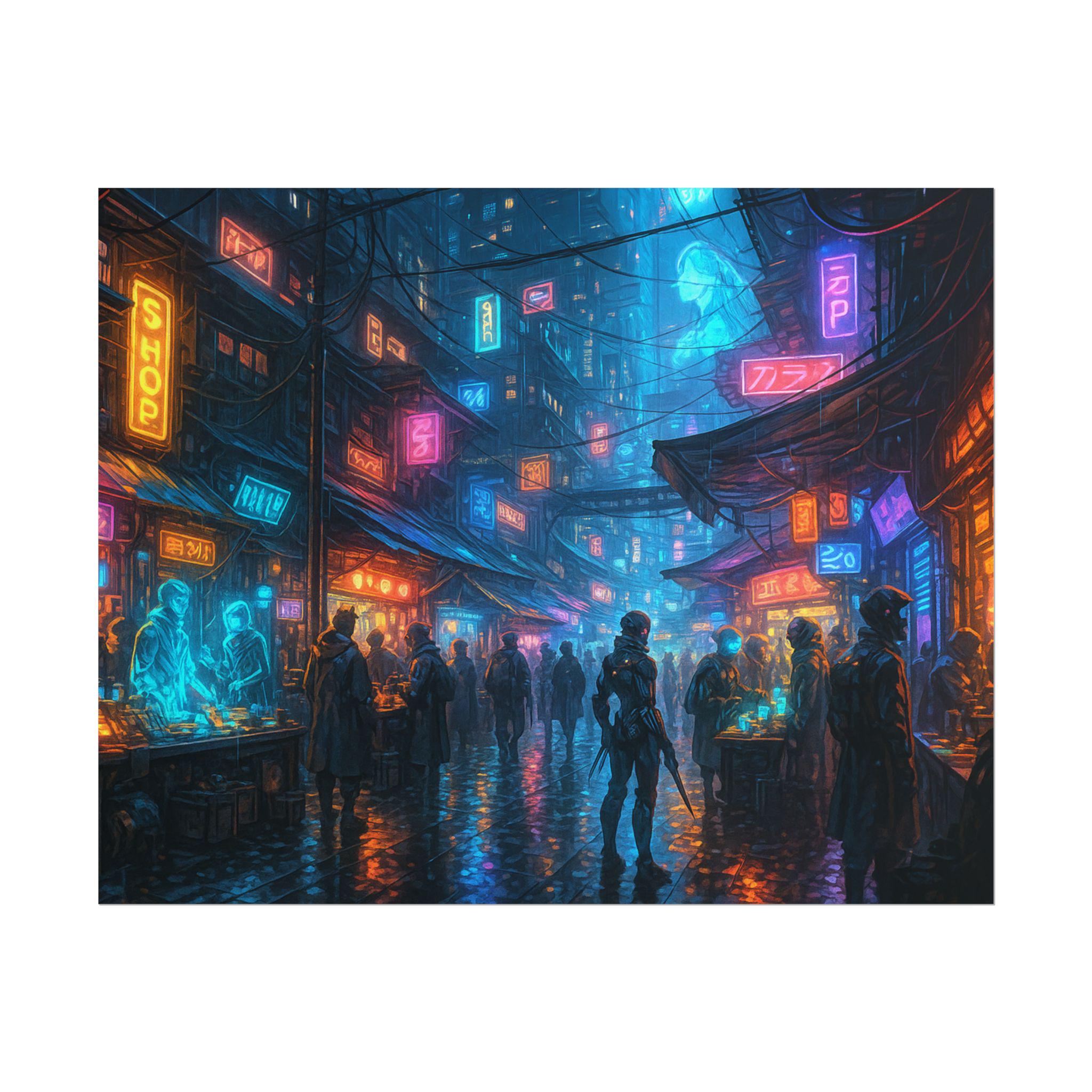 Cyberpunk City Wall Art Futuristic Anime Street Scene with Neon Lights and Sci Fi Market