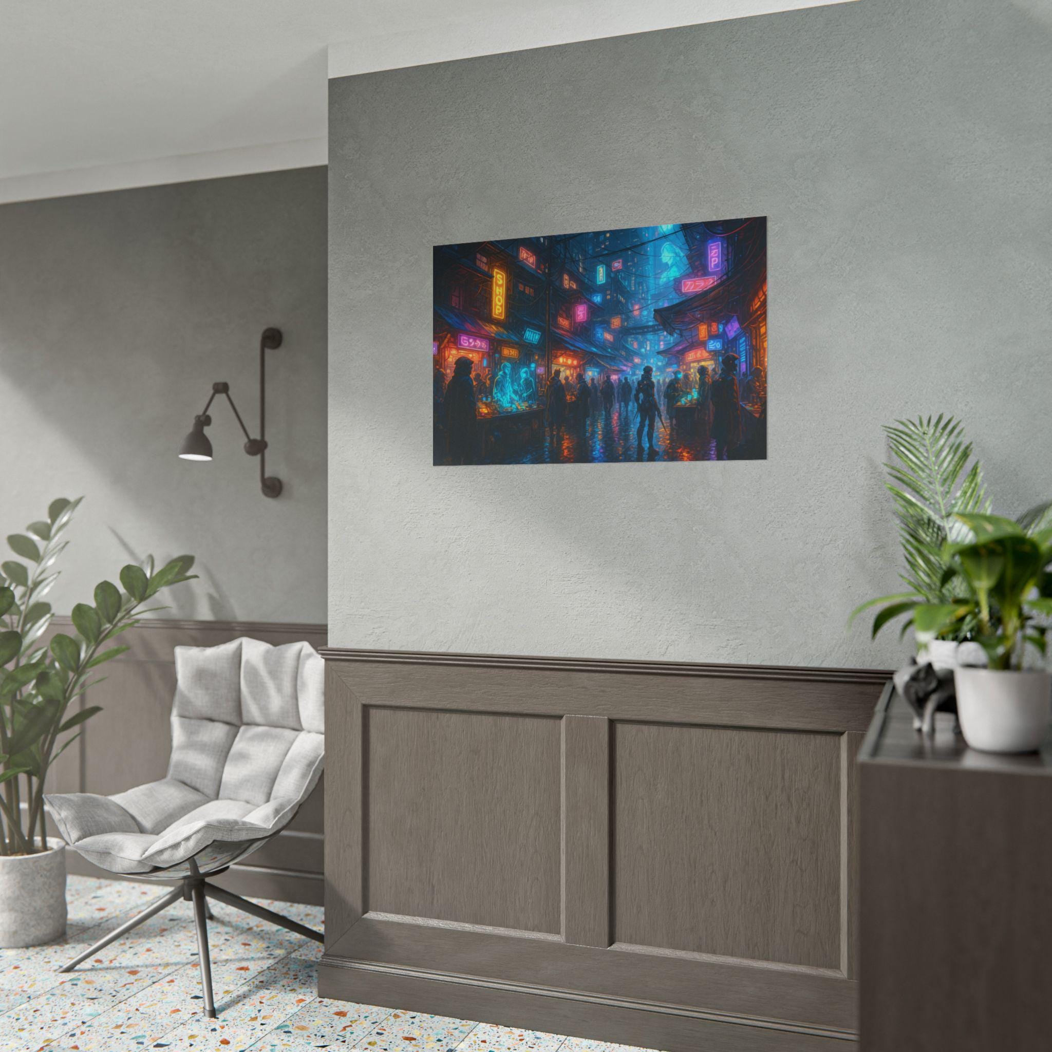 Cyberpunk City Wall Art Futuristic Anime Street Scene with Neon Lights and Sci Fi Market
