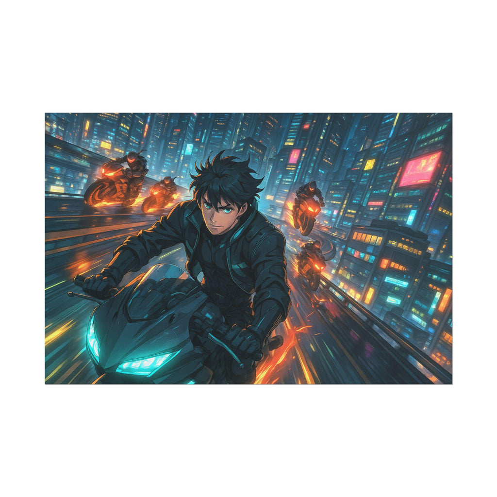 Cyberpunk Anime Wall Art Futuristic Motorcycle Chase in Neon City