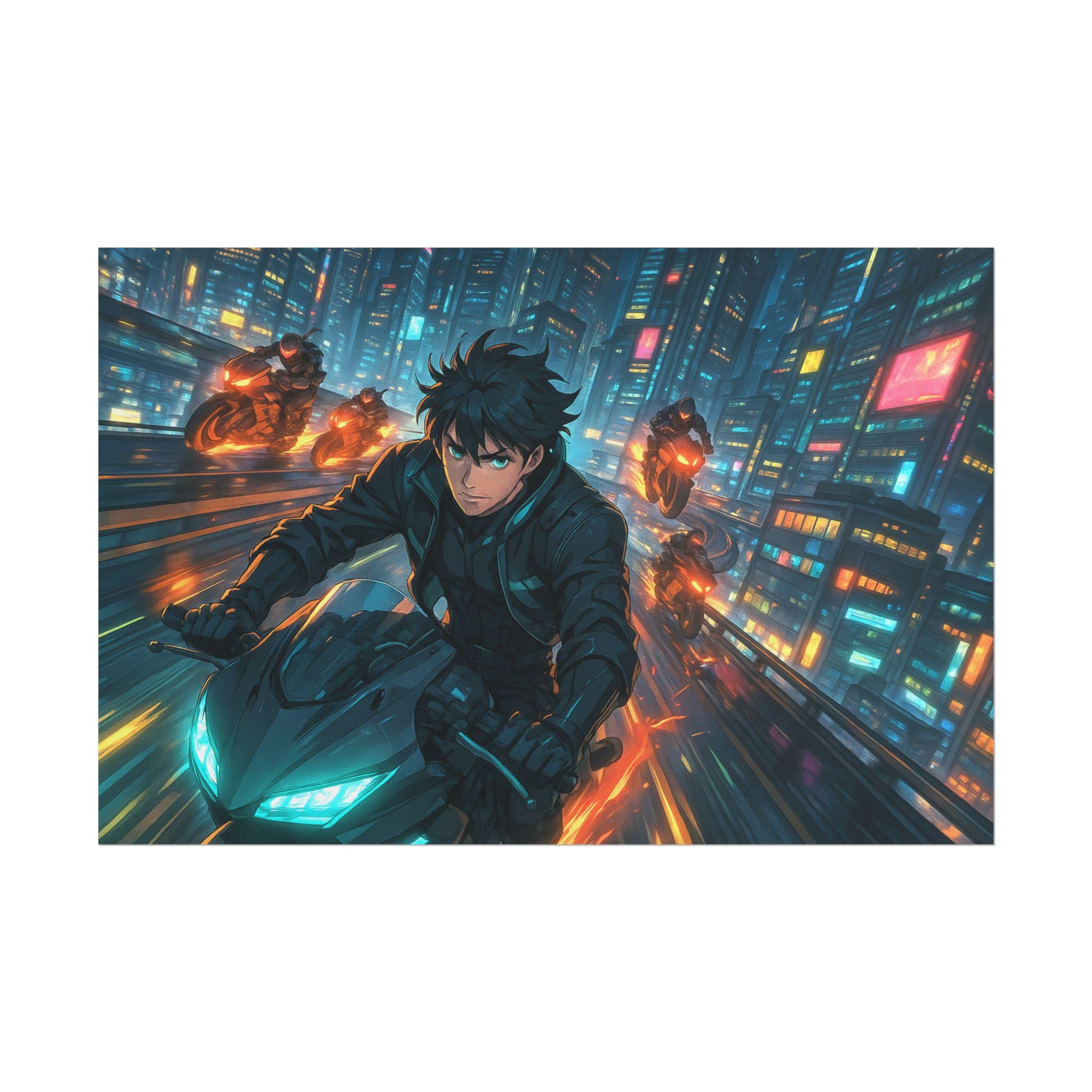 Cyberpunk Anime Wall Art Futuristic Motorcycle Chase in Neon City
