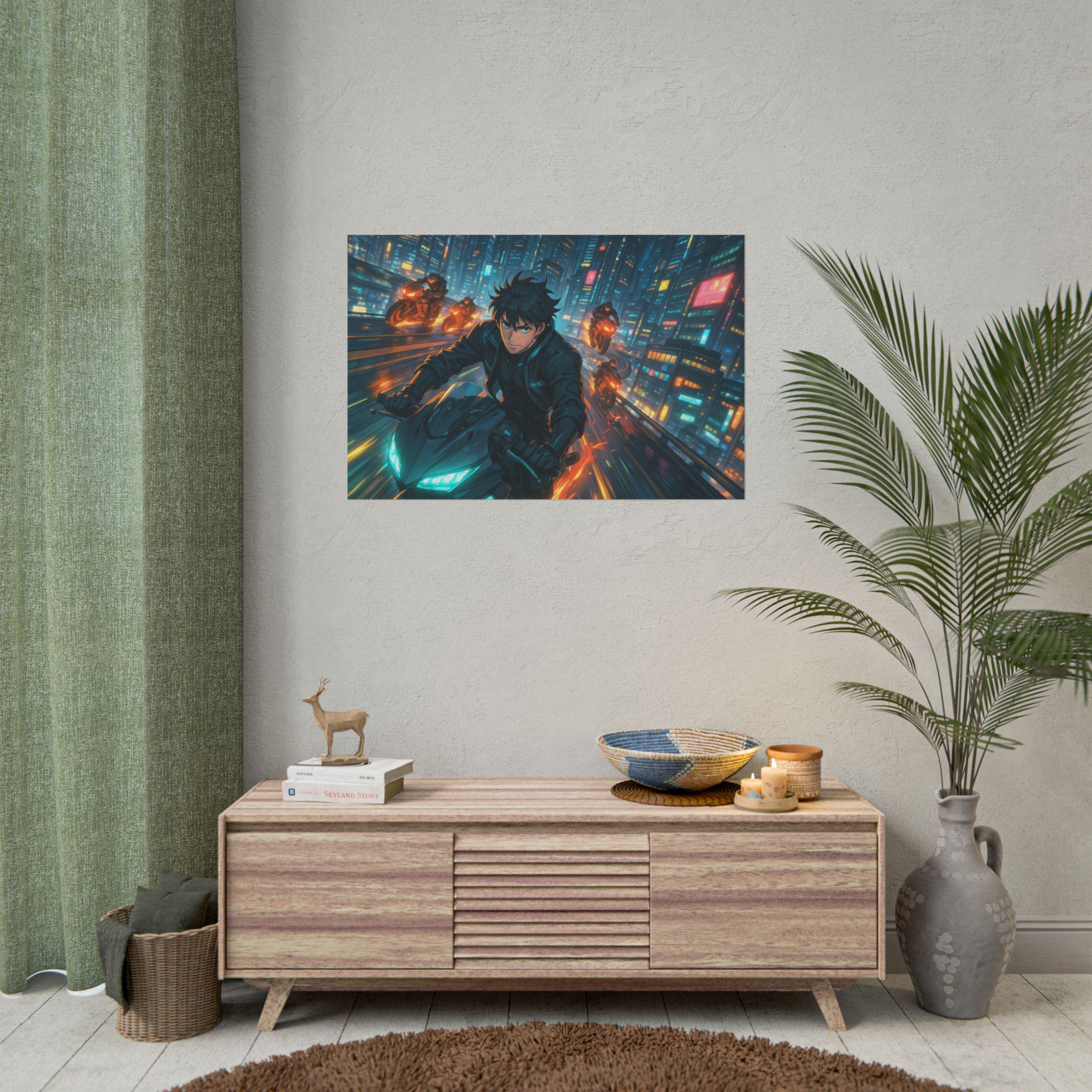 Cyberpunk Anime Wall Art Futuristic Motorcycle Chase in Neon City