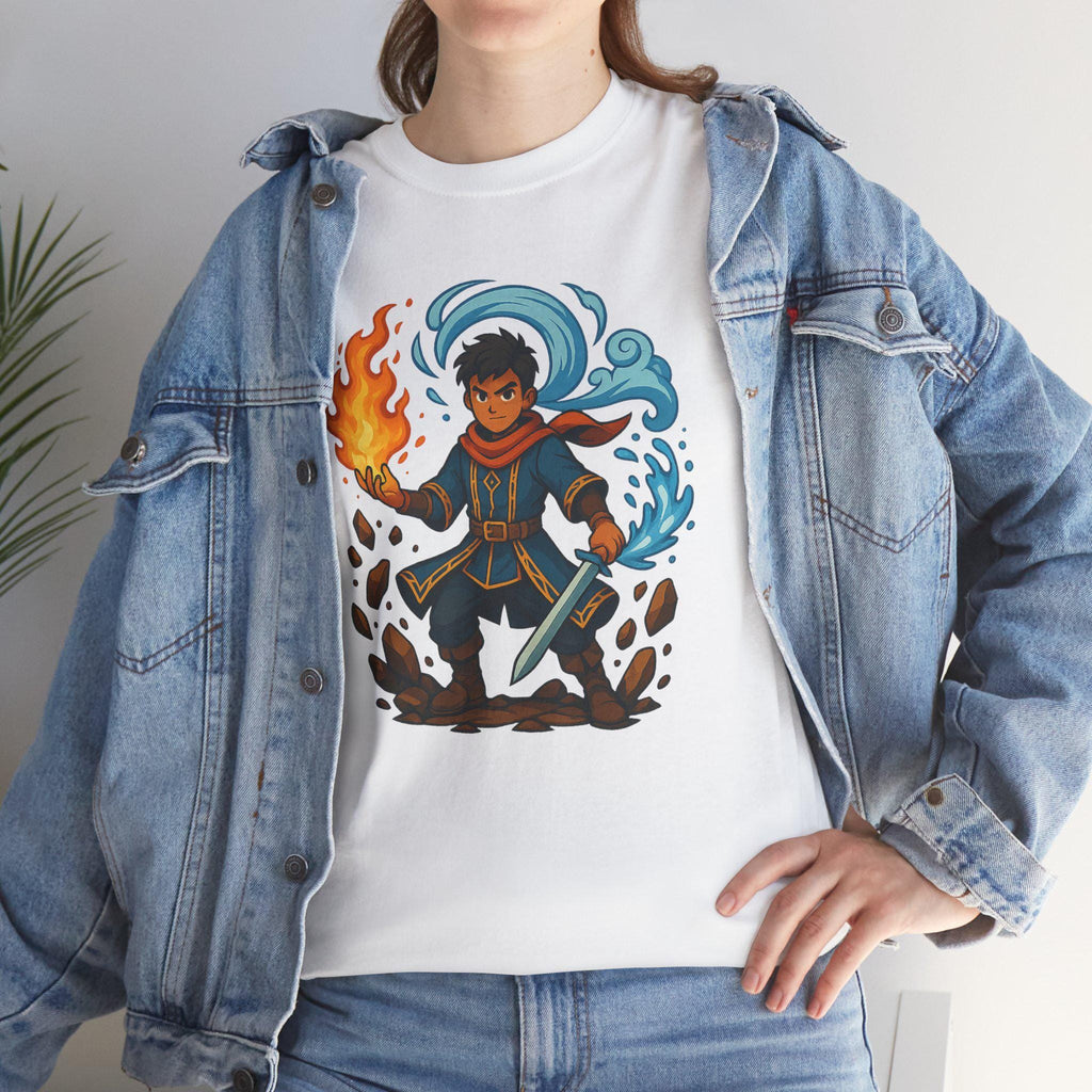 Anime Wizard T-Shirt: Fire and Water Sorcerer, Otaku Gamer Tee