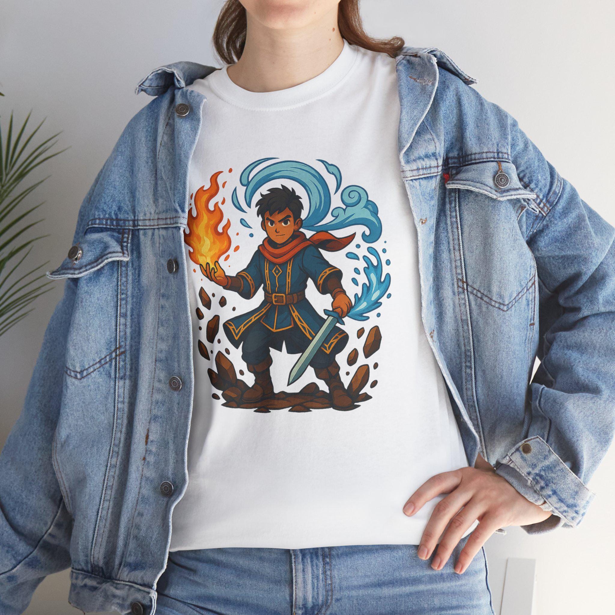 Anime Wizard T-Shirt: Fire and Water Sorcerer, Otaku Gamer Tee