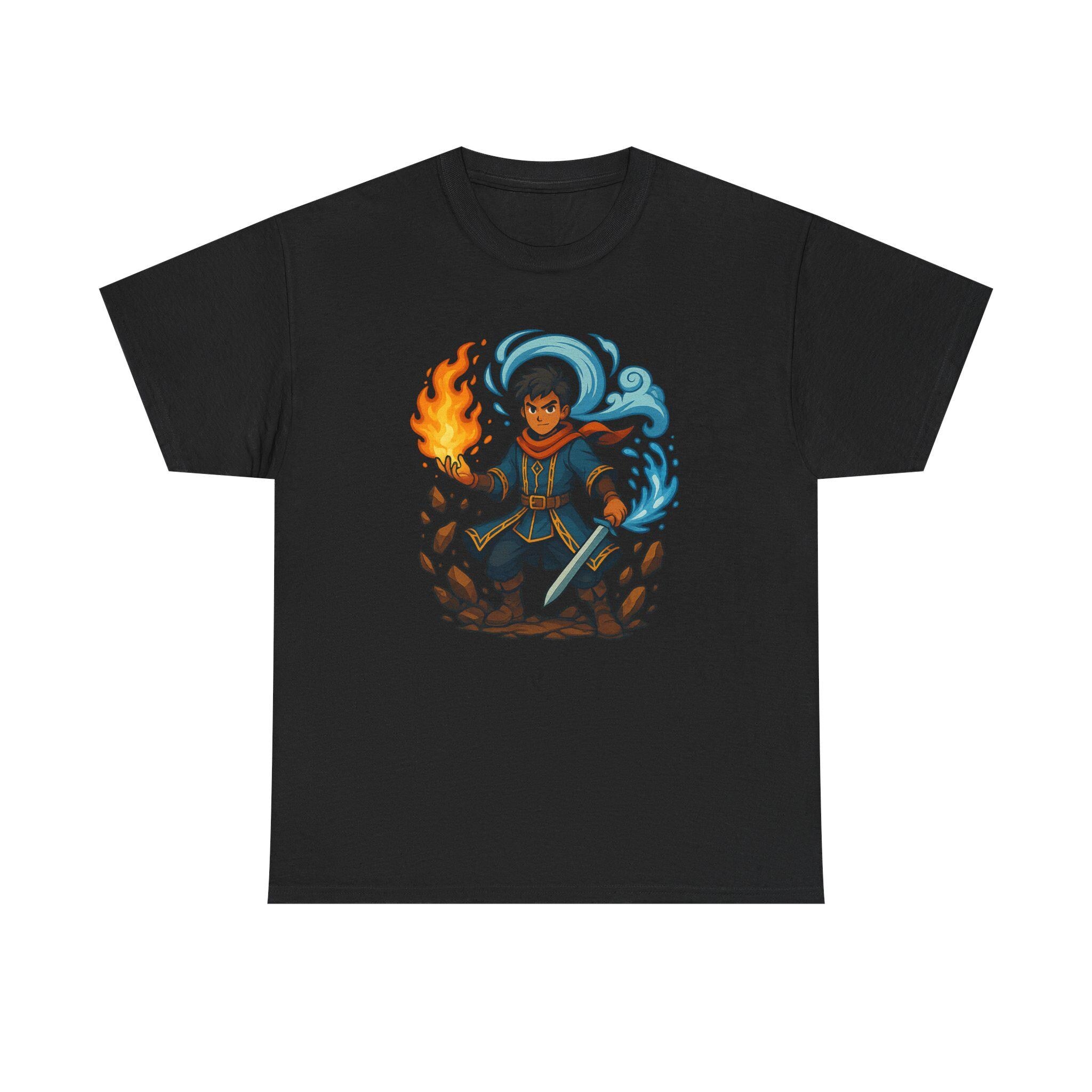 Anime Wizard T-Shirt: Fire and Water Sorcerer, Otaku Gamer Tee