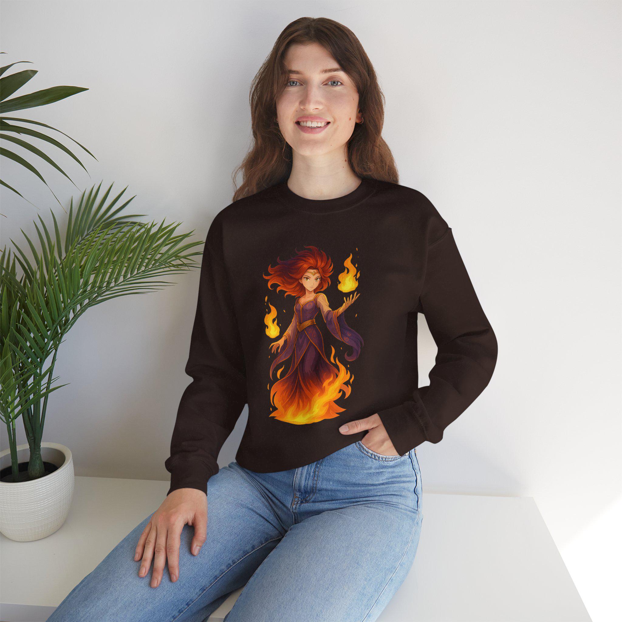 Anime Fire Sorceress Sweatshirt, Fantasy Japanese Hoodie, Magical Warrior Girl Art, Neon Glow Streetwear, DTG Print