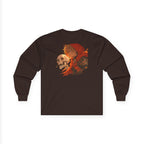 Anime Long Sleeve Shirt – Fiery Skull & Red Hood Warrior Art | Cool Anime Streetwear Tee | Epic Anime Apparel