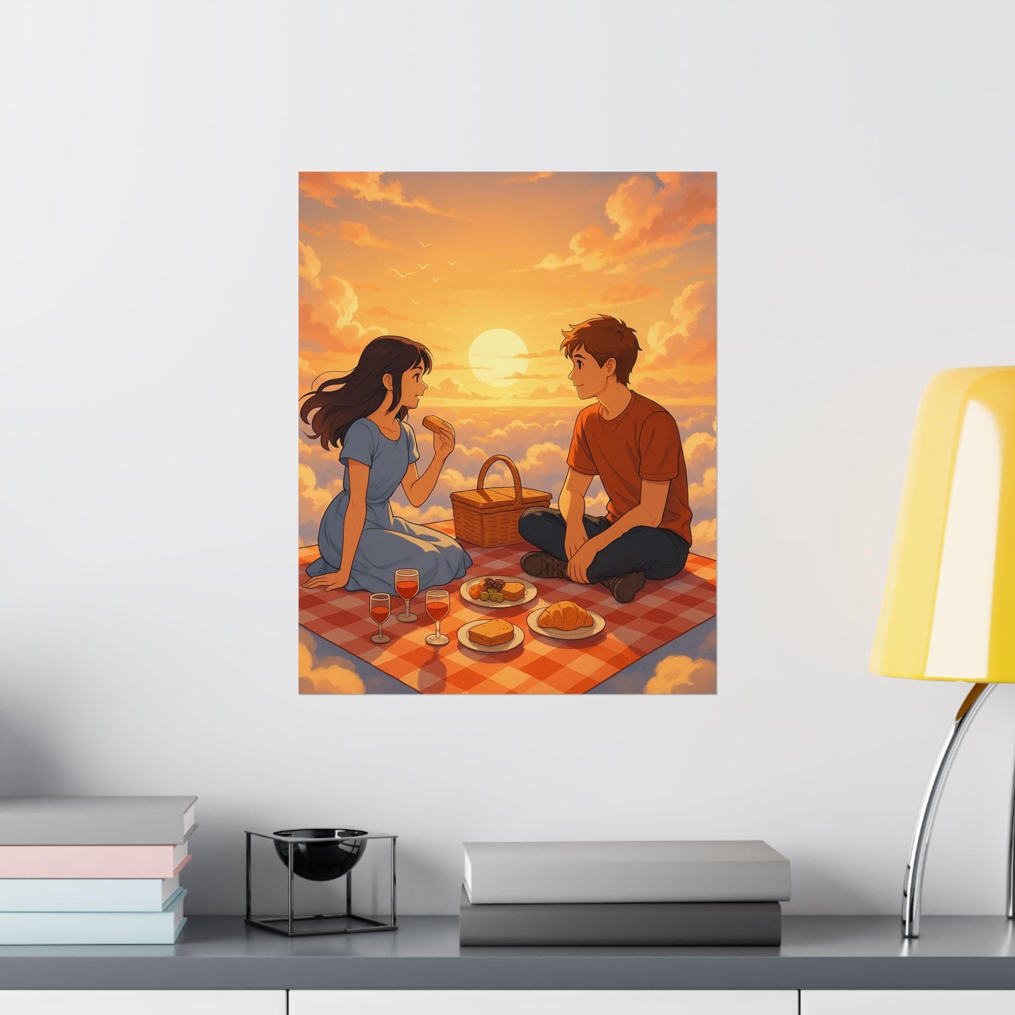 Romantic Anime Sunset Picnic Poster, Wall Art for Home Decor, Gift for Couples