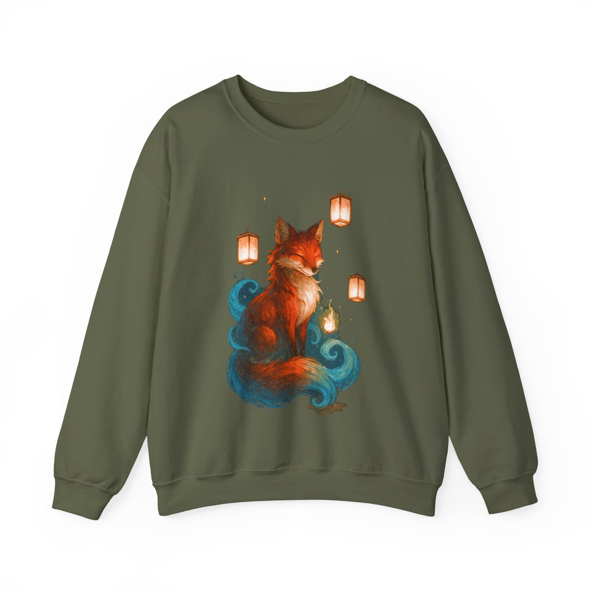 Fox Lantern Spirit Sweatshirt Cozy Fantasy Japanese Animal Art Gift for Nature Lovers and Anime Fans