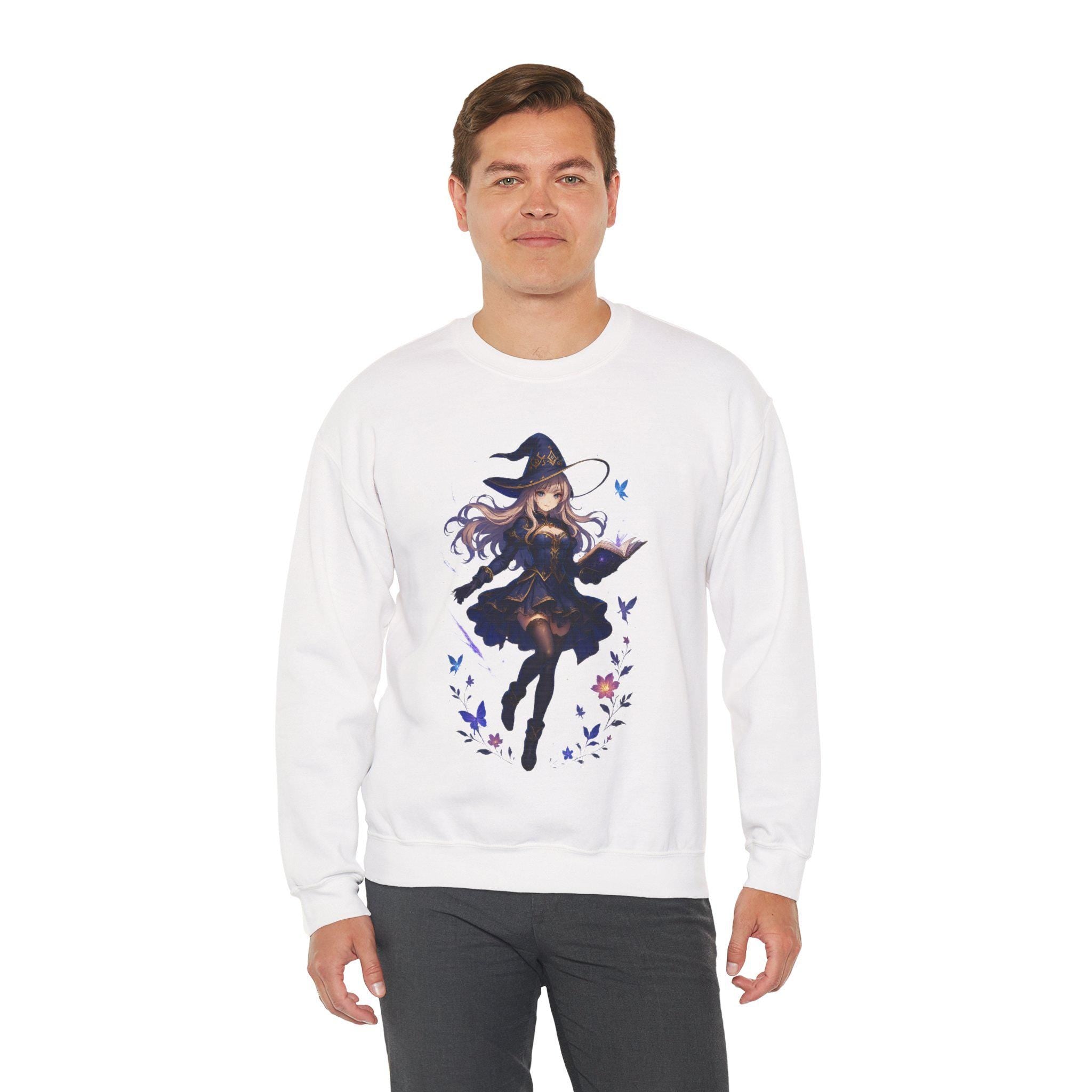 Anime Witch Girl Sweatshirt Magical Book Spellcaster Gift for Fantasy Lovers Otaku Cozy Japanese Style Top