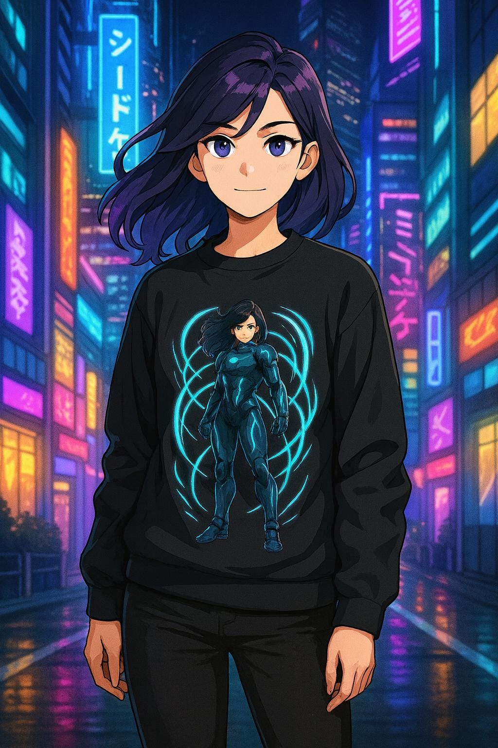 Futuristic Anime Warrior Sweatshirt Neon Armor Techwear Gift for Gamers and Otaku Cyberpunk Streetwear Aesthetic